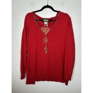 Bob Mackie Wearable Art Red Sweater Sequins Cutout Holiday Cotton Blend Size 2X